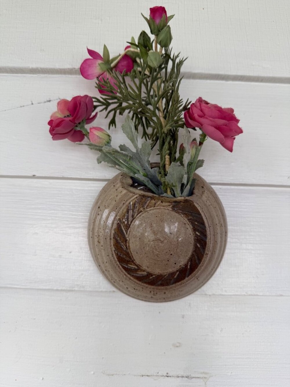 Vintage 1970s Stoneware Art Pottery Round Wall Pocket Vase Planter Boho
